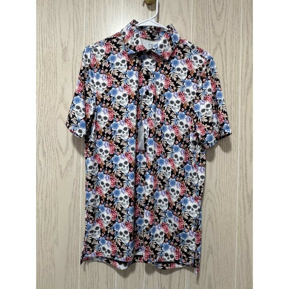 1764 Golf Mens Skull Floral Polo Shirt Short Sleeve Black Blue Pink Small